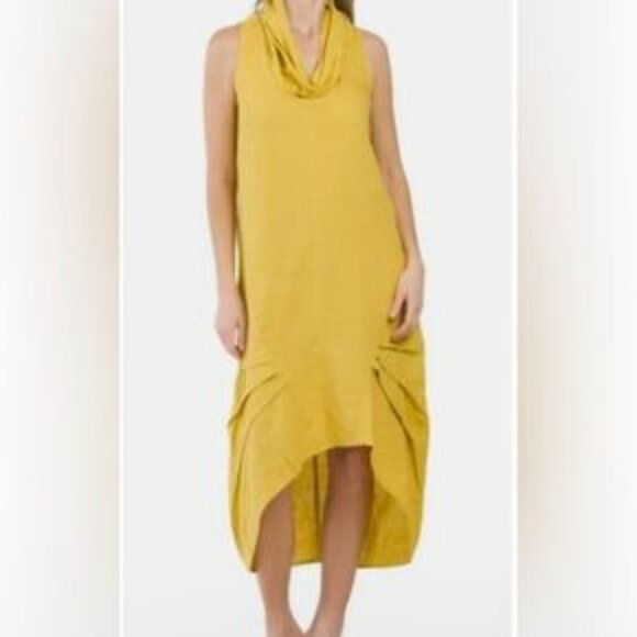 FOR CYNTHIA cowl neck linen blend hi-low sleeve yellow Sz S - Picture 1 of 10